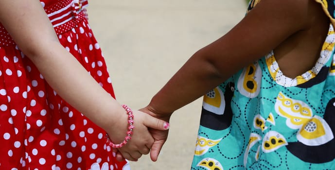 Diversity: Caucasian and African - American little girls holding hands