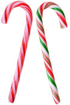 Two lollipops walking stick closeup isolated on white background.