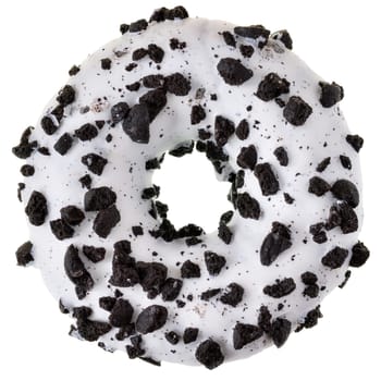 Chocolate glazed donut with chocolate chips isolated white background top view