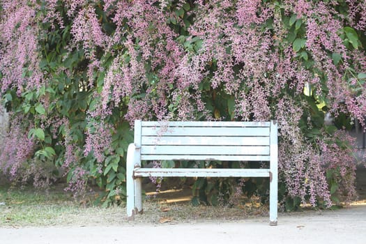 Vintage rustic blue bench with Lavender Wreath flower at outdoor