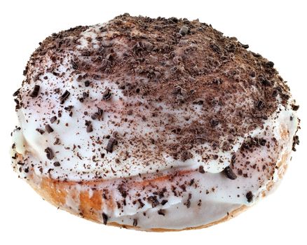 sweet bun with icing sugar and chocolate chips isolated on a white background.