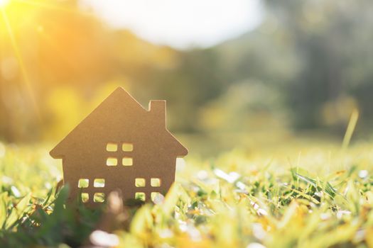 Closed up tiny home model on green grass with sunlight background.