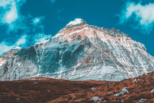 Colorful in autumn forest and snow mountain at Yading nature reserve, The last Shangri la