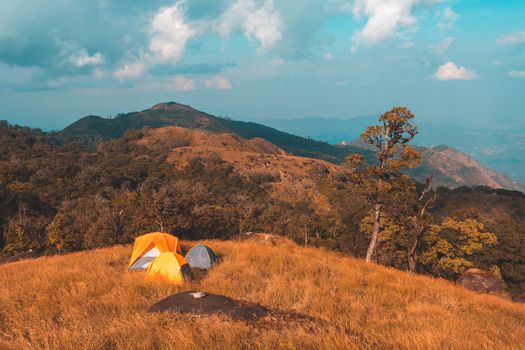 tourist tent camping in mountains