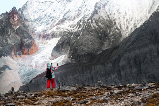 Colorful in autumn forest and snow mountain at Yading nature reserve, The last Shangri la