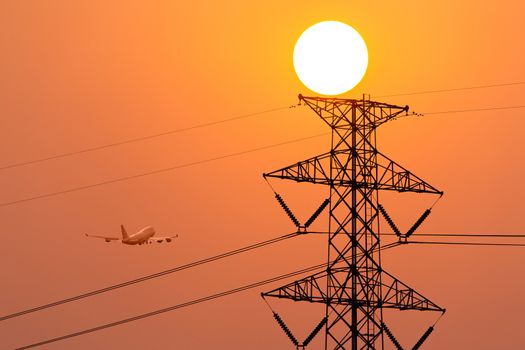 silhouette of high voltage electrical pole structure