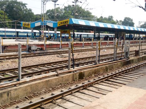 Platforms empty only few trains running in Indian railway station just before closing down for amid the coronavirus outbreak. Jhansi, Uttar Pradesh India South Asia Pac March 2020