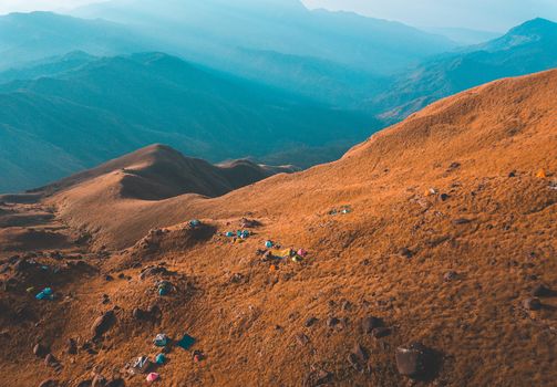 Top View Mulayit Taung golden light of the morning sun and the mist covered on Mount Mulayit,Myanmar