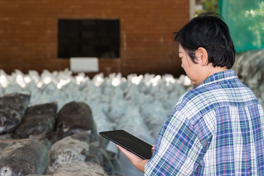 Asian woman smart farmer agriculturist working at Fertilizer composting plant with Organic Fertilizer, Compost (Aerobic Microorganisms) from animal waste for use in the organic agriculture industry