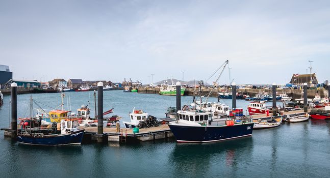 Howth near Dublin, Ireland - February 15, 2019: view of the fishing port of the city where are parked professional fishing boats on a winter day