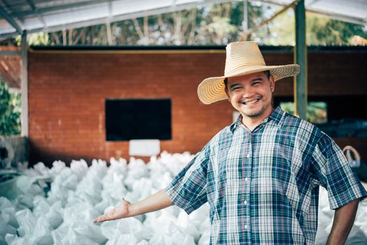 Asian man farmer agriculturist happy at a Fertilizer composting plant with Organic Fertilizer, Compost (Aerobic Microorganisms) from animal waste for use in the organic agriculture industry