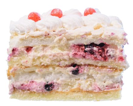 Cake with cream and blueberries isolated on a white background.
