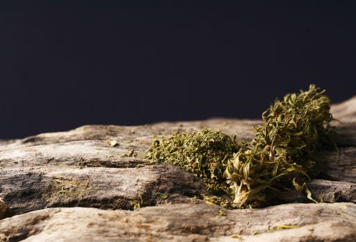 dried cannabis medical marijuana on wooden background