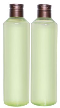 Two bottles of cosmetic lotion on a white background.