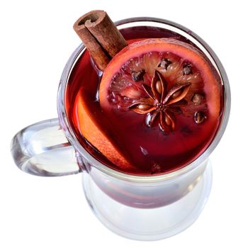 Winter drink mulled wine top view isolated on a white background.