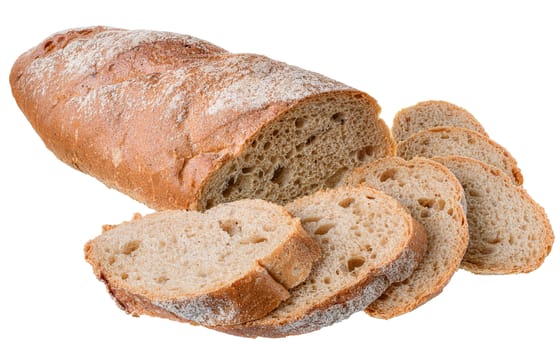 Cut brown grain rye bread isolated on a white background.