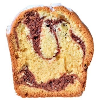 Cut ​​marble cake closeup isolated on white background.
