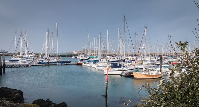 Howth near Dublin, Ireland - February 15, 2019: view of the marina of the city where are parked tourist boats on a winter day