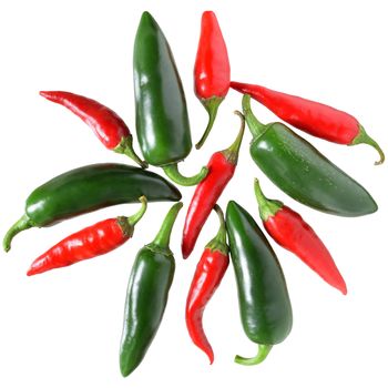 Red hot chili peppers stack top view isolated on a white background