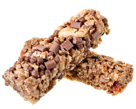 Cereal bars with chocolate, banana and strawberries isolated on white background.