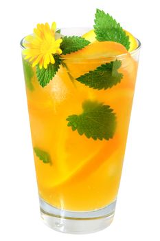Orange cocktail decorated with flower, isolated on white background.