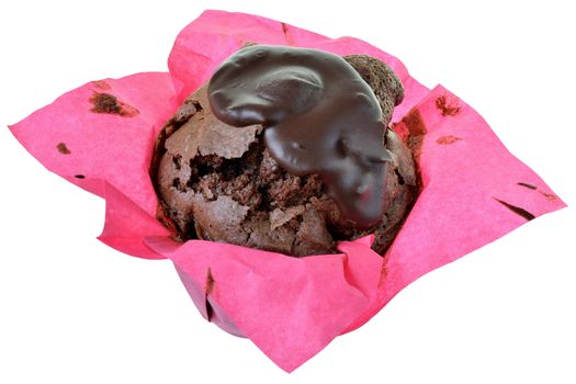 Dark muffin with chocolate glaze Isolated on a white background.