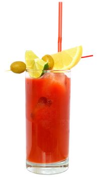 Cocktail bloody mary decorated with lemon slices, lime and olives isolated on white background.