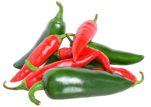 Red and green hot chili peppers stack isolated on a white background
