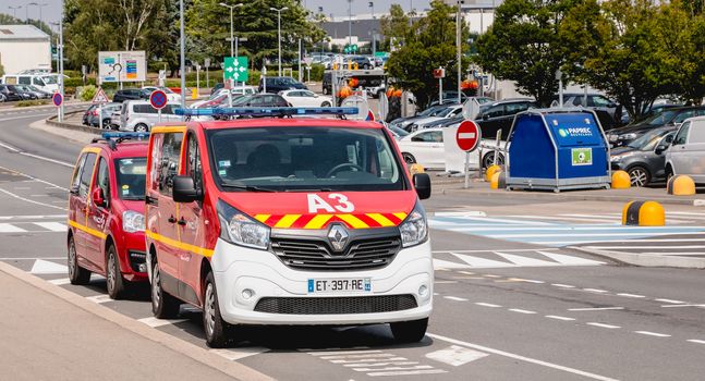 Nantes, France - August 7, 2018: fire truck on the car park of Nantes international airport on a summer day