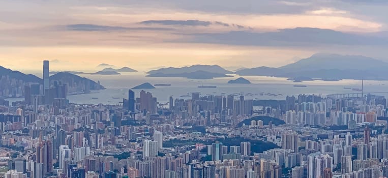 The panorama illustration of Hong Kong cityscape, buildings, mountain and sea