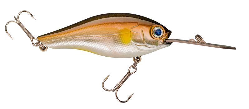 A brown and yellow wobbler with two anchors hooks