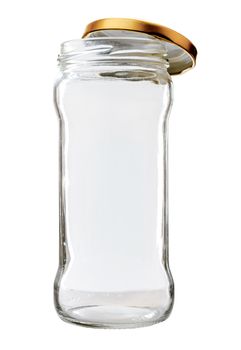 High transparent glass jar on white background, with the open gold color top