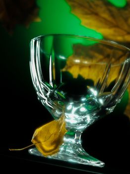 A transparent crystal glass on a dark green background with yellow autumn leaves