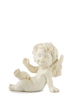 A little miniature statue of a white angel with wings on a white background