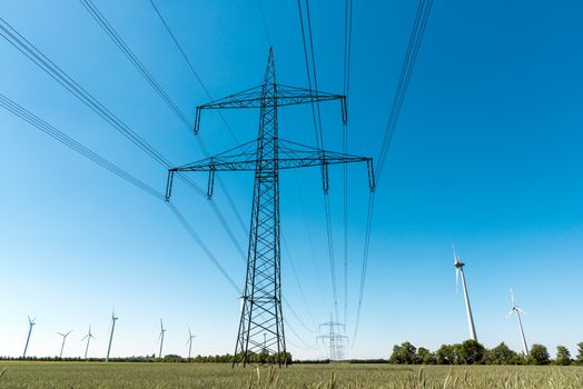 Electric pylons and a power transmission line seen in Germany