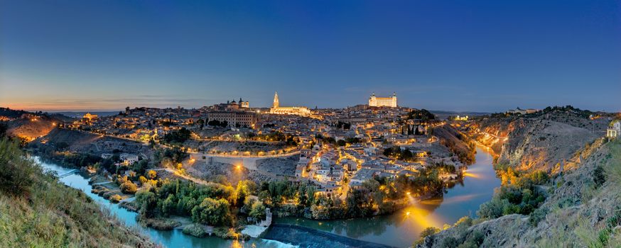 Panorama of Toledo in Spain with the river Tagus at dawn