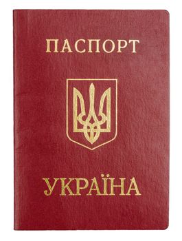 Old red Ukrainian International Passport isolated on white