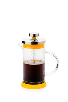 Half full glass French press for coffee and tea, isolated on white background