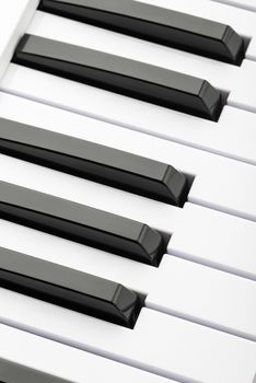 Close up detail on the black and white keys of a music keyboard, with copy space for text