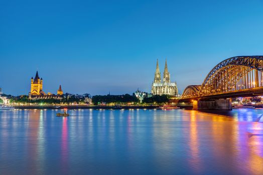 The river Rhine with the famous skyline of Cologne at dawn