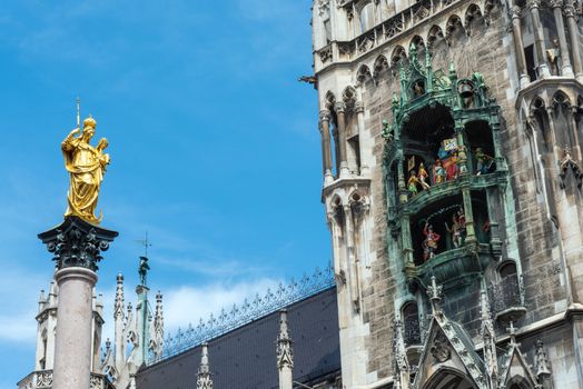 The Marian Column and the Clock chimes at the Marienplatz in Munich, Germany