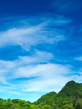 Wide view at the clouds in blur sky and the mountain with sunlight