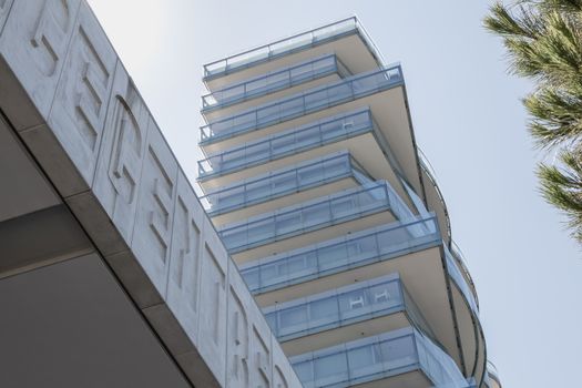 Troia, Portugal - August 9, 2018: Architecture detail of modern building by the sea in Troia peninsula on a summer day