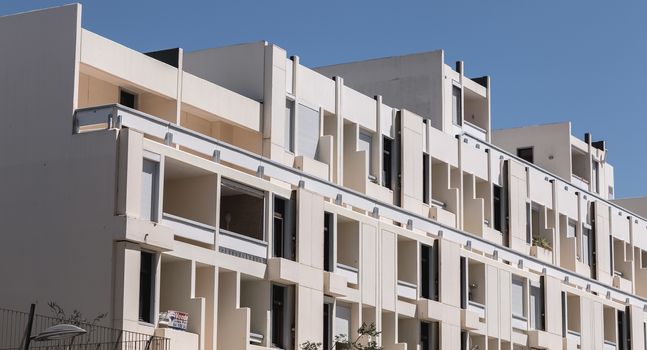 Troia, Portugal - August 9, 2018: Architecture detail of modern building by the sea in Troia peninsula on a summer day