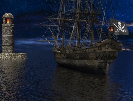 Pirate sailship near the old lighthouse with fire at moonlight - 3d rendering