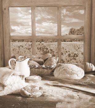 Ingredients on the table of the bakery.