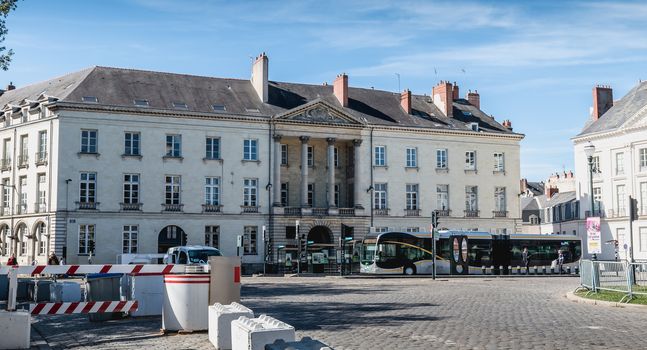 Nantes, France - September 25, 2018: architectural detail of the Montaudouin hotel, a neoclassical mansion built in the late eighteenth century listed as a historic monument