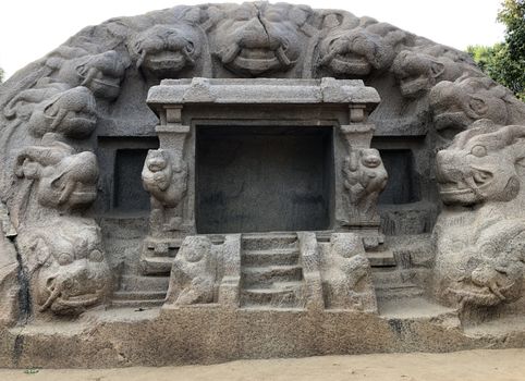 Beautiful view of tiger cave temple with sculptures of tiger face in the monument