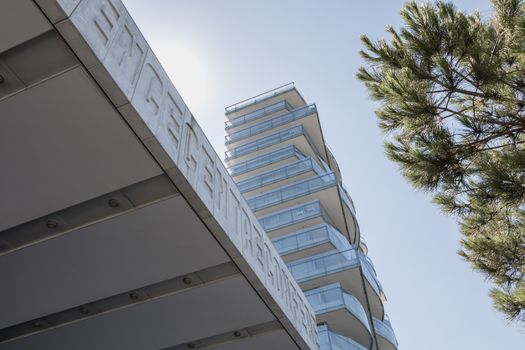 Troia, Portugal - August 9, 2018: Architecture detail of modern building by the sea in Troia peninsula on a summer day