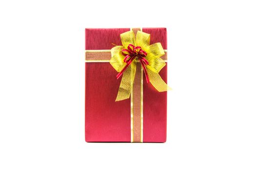 Christmas new year celebration decorations concept - Red and ribbon gold gifts box and decorating elements isolated on white background.